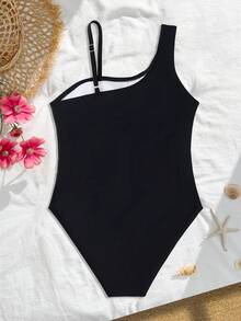 Teen Girl One-Piece Swimsuit, Casual, Vacation-Style, Side Cutout Design, Fashionable, Suitable For Swimming, Summer Vacation, Beach, Seaside, Swimming Pool, Summer Party - Black - View 2