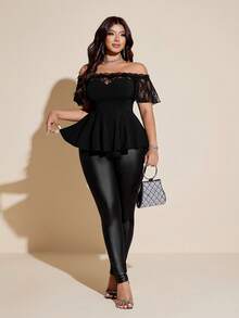 Viva Relle Plus Size Sexy Lace Patchwork Off Shoulder Black Slim Fit Blouse - Black - View 3