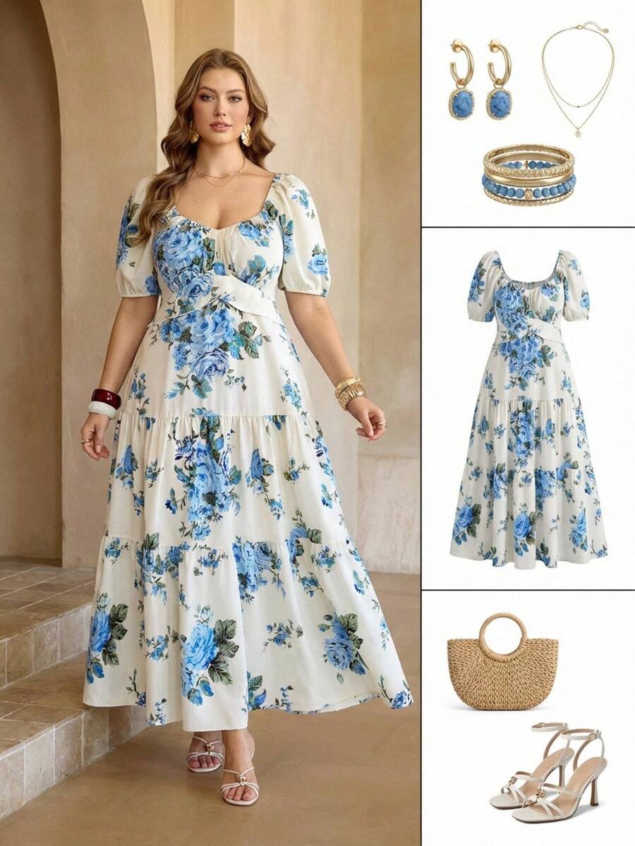 Roveilla Plus Size Blue And White Floral Maxi Dress,Women's Summer Boho ...