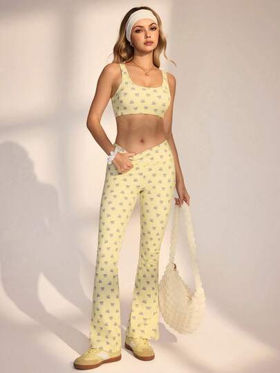 Medorelle 2 pièces Ensemble de sport/yoga mignon et doux pour femmes avec débardeur à nœud et imprimé à carreaux aléatoire et pantalon