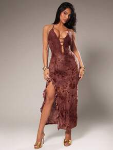 Radiana 性感优雅蕾丝拼接植绒提花修身吊带连衣裙，深V领低胸设计，性感露背，高开衩，中长款，约会之夜连衣裙，适合夜晚、约会、派对、生日、鸡尾酒会、舞会、俱乐部、度假、假日等场合。 - 彩色 - 查看 3