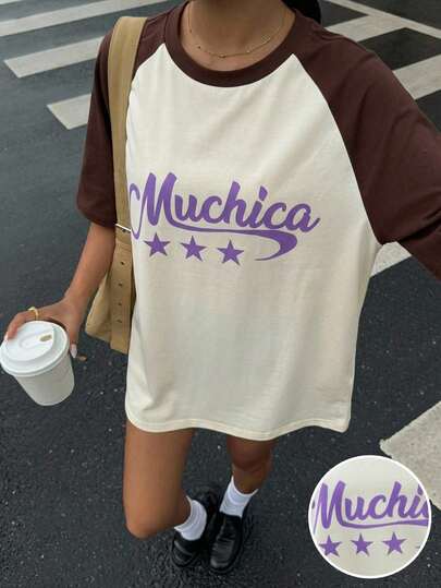 Muchica 女士字母星形印花撞色插肩短袖休闲T恤