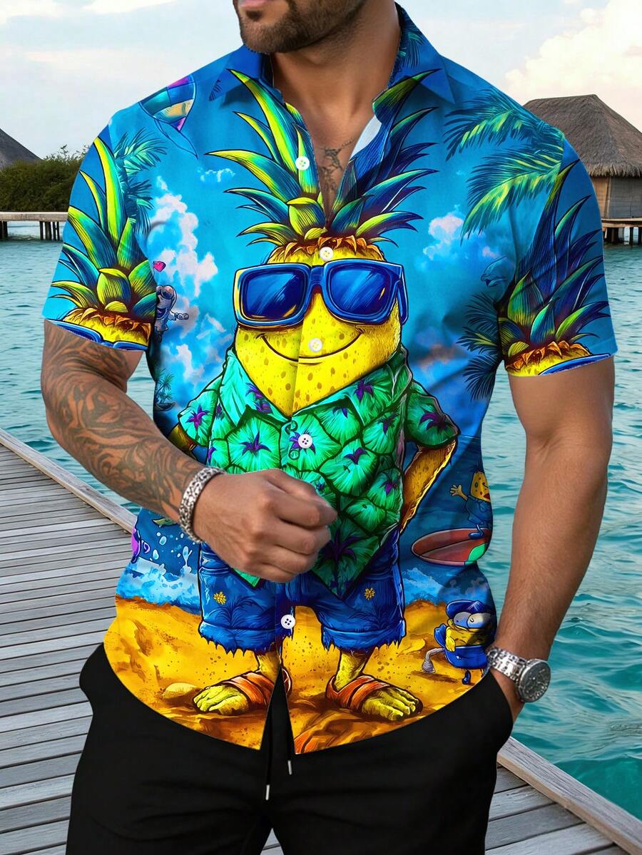 Manfinity RSRT Men's Casual Cartoon Print Single-Breasted Short Sleeve Shirt, Vacation Wear - Multicolor - View 1