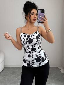 Elenzga Camiseta de mujer con estampado floral, elegante, con pliegues y botones decorativos - Blanco y Negro - Ver 6