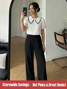 SHEIN Teen Girl Peter Pan Collar Puff Sleeve Shirt And Wide Leg Pants Casual Outfit - Black and White - View 1