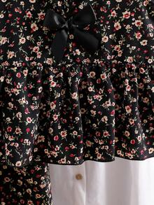 SHEIN Vintaside Kids 女童新款清新碎花两件套，蝴蝶结装饰无袖上衣+配套阔腿裤，甜美可爱时尚日常穿搭，春夏假日 - 黑色 - 查看 10