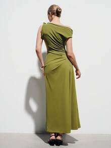 Aveloria Modichic Robe longue élégante et luxueuse pour femmes, avec épaule asymétrique froncée et sexy pour soirée - Vert - Voir 3