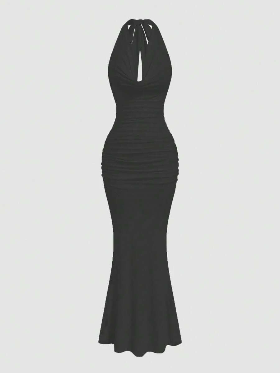 SHEIN Sweetro Plus Size Solid Color Fitted Pleated Halter Romantic Draped Dress - Black - View 1