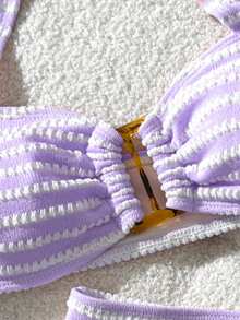 Swim Mod Women's Cute Vacation Pink Striped Halter Swimwear Set - Purple - View 7