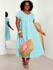 Vestido a cuadros de manga corta y cuello en V para mujer de talla, para vacaciones de verano - verde menta - Ver 4