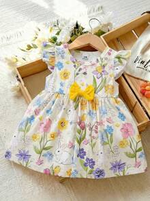 Souflis Souflis 女婴碎花可爱兔子印花黄色荷叶袖连衣裙，蝴蝶结公主娃娃裙短袖连衣裙，春夏新款女童连衣裙，田园兔子碎花印花，婴儿时尚连衣裙，蝴蝶结装饰婴儿连衣裙，田园/乡村风格，公主风格，可爱风格，动物元素，花卉元素，适合春夏穿着，适合6个月-3岁宝宝 - 黃色 - 查看 1
