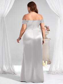 Coutiva Đầm dạ hội trang trọng, thanh lịch dành cho nữ cỡ lớn, đính sequin và phối nhiều mảnh, kiểu trễ vai, xếp ly, vạt đuôi cá. - Màu Xám nhạt - Xem 2