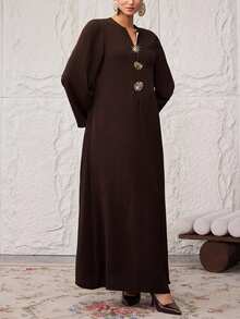 Al Najma Plus Size Women Metal Sun Decor V-Neck Loose Arabic Style Dress - Coffee Brown - View 4