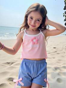 SHEIN 2pcs/Set Girls Toddler Outfit With Denim Shorts, Cute Casual Summer Set Girls Cute Set Girl Short Set Girl Summer Sets Two Piece Cute Set Kids Girl Short Sets With Tank Top Girl Shiort Set Girls Cute Short Sets Cute Sets Summer Kids Summer Two Piece Set Summer Girl Set Girls Spring Outfits Girl Two Piece Kids Clothes - Pink - View 7