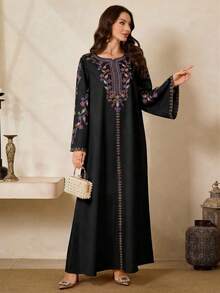 Al Najma Đầm truyền thống Ả Rập thêu hoa dành cho nữ, thích hợp cho các buổi tiệc, du lịch, thường ngày. - màu đen - Xem 2