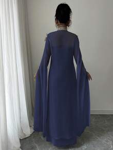 Rafferiza Women's Mandarin Collar Applique Split Long Sleeve Robe And Dress Fashionable Party Suit - Navy Blue - View 2