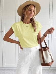 SHEIN LUNE Maglietta casual a maniche corte e collo rotondo in maglia tinta unita da donna - Giallo chiaro - Visualizzare 2