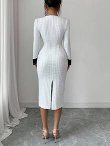 Elenzga 新款优雅法式爱国日连衣裙，方领，单排扣，拼色设计，收腰，修身剪裁，粗花呢面料，开衩下摆，适合秋季、节日、教师装 - 黑與白 - 查看 5