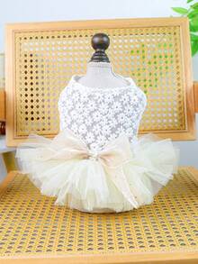 PETSIN 一件猫狗通用服装，蕾丝花朵提花网纱公主风婚纱，优雅猫狗新娘礼服 - 米色 - 查看 8