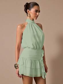 SHEIN BAE 无袖荷叶边下摆纯色迷你连衣裙，优雅甜美可爱修身款，适合浪漫约会、派对、正式聚会、伴娘礼服、夏季连衣裙、下午茶派对、新年、情人节、生日等场合，粉色连衣裙 - 薄荷綠 - 查看 5