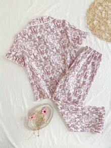 SHEIN Conjunto de pijama casual y cómodo de 2 piezas para niñas preadolescentes con pantalones y blusa de manga corta con cuello de volantes, estampado de conejos y flores en color rosa pastel - Burdeos - Ver 2