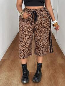 Maweii Plus Size Women's Casual Leopard Print Fabric Elastic Waist Drawstring Bow Decor Wide Leg Pants, Versatile Design For Vacation, Concert, Outing, Party, Date Night, Spring/Summer - Multicolor - View 3