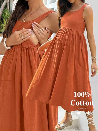 SHEIN Vestido de enfermería de unicolor con cuello en U, sin mangas, con tirantes anchos, plisado, cómodo y transpirable