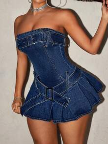 Jeanoix Đầm denim mini dáng ôm gợi cảm cỡ lớn, có thắt lưng, thích hợp cho mùa hè. - Màu xanh lam - Xem 6
