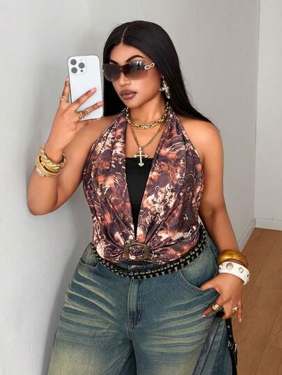 Maweii Chaleco con estampado digital de paisley, cuello halter sexy, espalda descubierta con hebilla metálica en la cintura, adecuado para festivales de música/playa/vacaciones