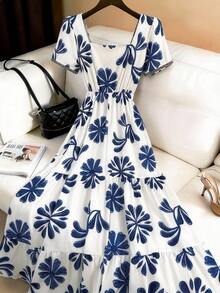 GlowEve Women's Blue & White Printed Square Neck Short Sleeve Cinched Waist Backless A-Line Long Dress, Casual Chic Commute Elegant Sexy Fashion Versatile Gentle Romantic Sweet Date Vintage Beach Holiday Summer New - Multicolor - View 2