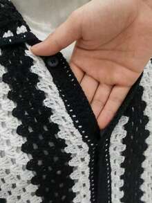 Manfinity LEGND Áo khoác cardigan nam tay ngắn dệt kim kẻ sọc đen trắng, phong cách thường ngày, thích hợp cho kỳ nghỉ hè. - màu đen - Xem 6