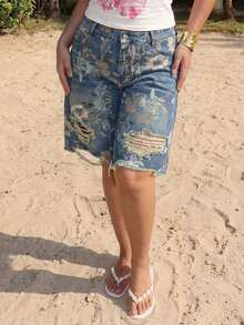 ROMWE Fairycore Summer Outfits Vintage Floral Print Washed Plus Size Women Loose Wide Leg Cropped Jeans - Blue - View 6