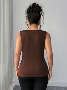 Elenzga Plus Size Summer Casual Solid Color Square Neck Knit Tank Top - Brown - View 2