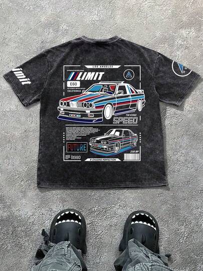 Áo thun ngắn tay cổ tròn kiểu dáng Y2K tối giản, năng động, dành cho bé trai tuổi teen, in chữ tiếng Anh, họa tiết xe hơi cổ điển, nhuộm tie-dye và hiệu ứng nước, thích hợp cho mùa xuân và mùa hè.