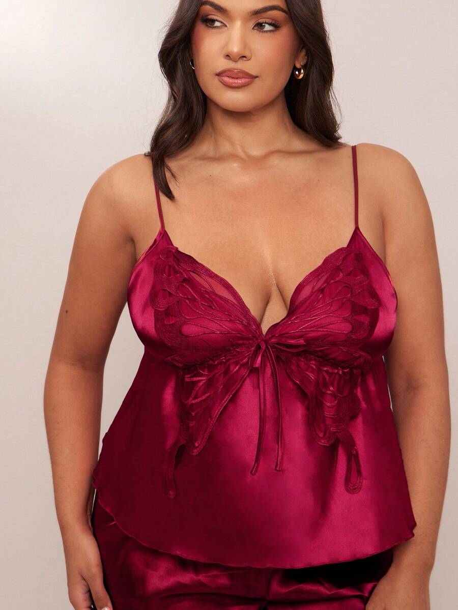 SHEIN BAE Borboleta Bordado De Seda Sexy Backless Cami Top E Calças Compridas Plus Size Conjunto De Pijama - Borgonha - Ver 1