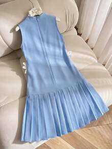 Girls' Elegant Sweet Sleeveless Mini Dress With Layered Ruffle Hem, White Bow Accent, Suitable For Summer, Luxury Party - Blue - View 3