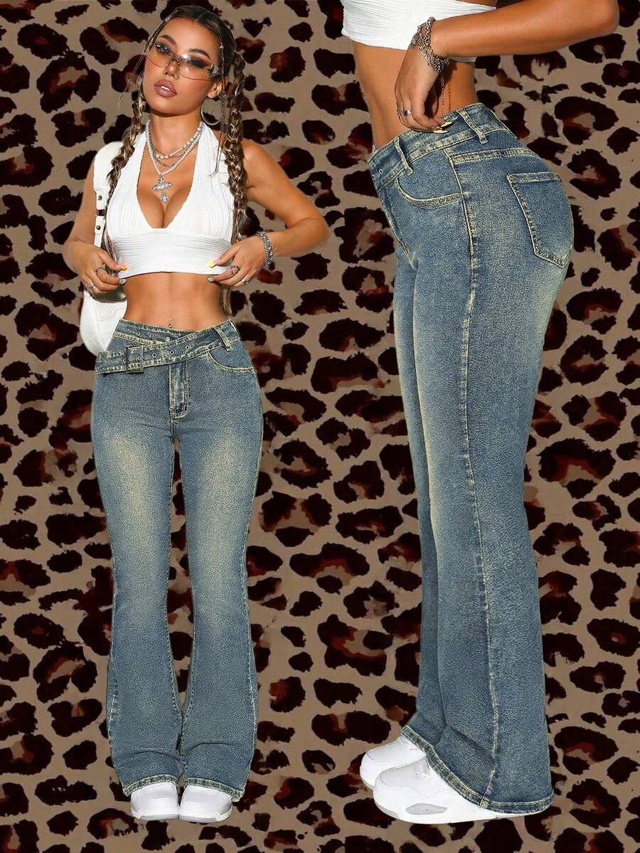 SHEIN ICON Asymmetric Waist Distressed Bell-Bottom Jeans - Dark Wash - View 1