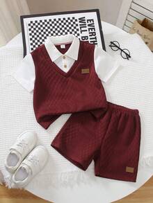 SHEIN 2pcs/Set Young Boys' Embroidered Jacquard Short Sleeve Top And Shorts Set,Comfortable Summer Matching Family Vacation Outfits For Spring & Summer - Red - View 5