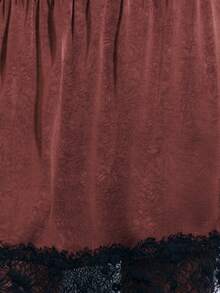 Nöista Minifalda de satén marrón con dobladillo de encaje negro y cintura elástica con un pequeño lazo. Para salir de noche, festivales, primavera, verano, mujer. - Marrón - Ver 5