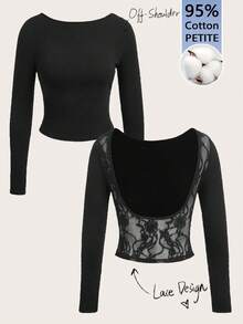 Aloruh Petite Casual Minimalist Versatile Style Black Sexy Backless Lace Cotton Long Sleeve T-Shirt, Suitable For Spring And Summer - Black - View 2