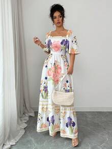 Elenzga Summer Refreshing Large Floral Print Dress, Square Neck Short Sleeve Waist Cinching Ankle Length Dress - Multicolor - View 5