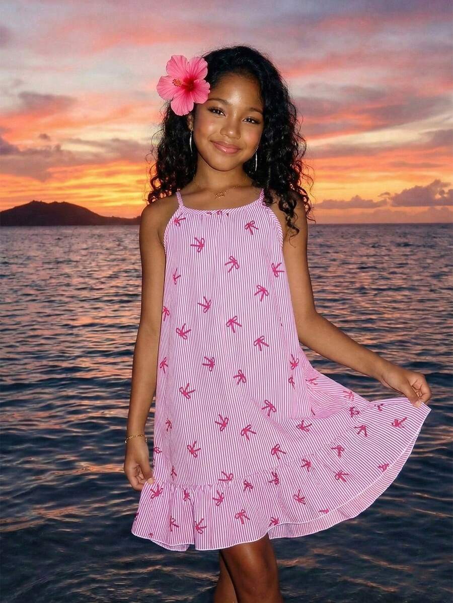 Sparklyn Girls' Blue Striped Bow Print Ruffle Hem Casual Vacation Dress - Pink - View 1