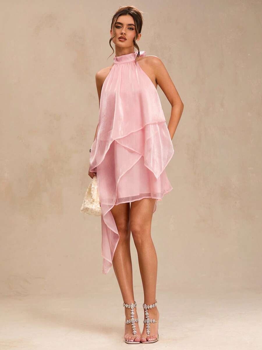 SHEIN BAE 纯粉色露背吊带雪纺A字连衣裙，适合春夏度假、海滩、优雅婚礼宾客等场合，露背设计，适合度假、夏季假日穿着，女士度假装扮，优雅女士连衣裙，粉色吊带荷叶边下摆连衣裙 - 粉色 - 查看 1