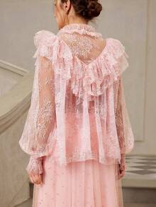 VOLUPTÉ CURVE Áo kiểu cỡ lớn mùa xuân/hè, kiểu dáng ngọt ngào và thanh thoát với viền ren xếp nếp, tay dài, thắt nơ phía trước, thích hợp mặc hàng ngày, đi làm, dự tiệc, hẹn hò, đi nghỉ mát. - Hồng - Xem 2