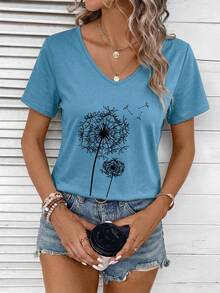 EMERY ROSE Casual Dandelion Print Plus Size V-Neck T-Shirt, Suitable For Summer - Dusty Blue - View 4
