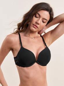 DesireSculpt Black Contrast Lace Push Up Bra For Women With Slight Stretch Fabric - Black - View 7