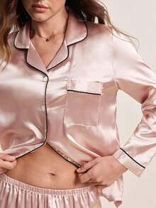 Contrast Piping Satin Top & Pants PJ Set / Pajama Set, Fall Clothes Cozy And Elegant Details, Winter - Champagne - View 8