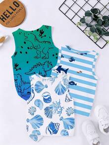3pcs/Set Baby Boy Casual Holiday Ocean & Dinosaur Graphic, Striped Print Round Neck Tank Tops, Suitable For Spring/Summer, Beach, Vacation - Multicolor - View 2