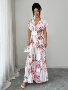 Elenzga Đầm chữ A xếp ly in hoa, cổ chữ V, tay cánh dơi, eo thon, thanh lịch dành cho nữ, thích hợp cho mùa xuân/hè. - Nhiều màu - Xem 4