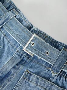 GlowEve 休闲水洗牛仔短裤，配腰带 - 藍色 - 查看 3